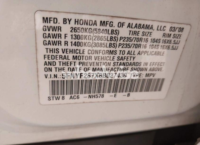 Photo 9 of 2008 Honda Pilot EX-L (VIN 5FNYF287X8B027430)