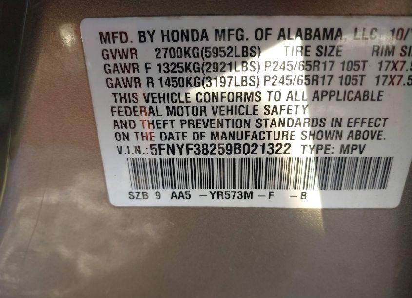 Photo 9 of 2009 Honda Pilot LX (VIN 5FNYF38259B021322)