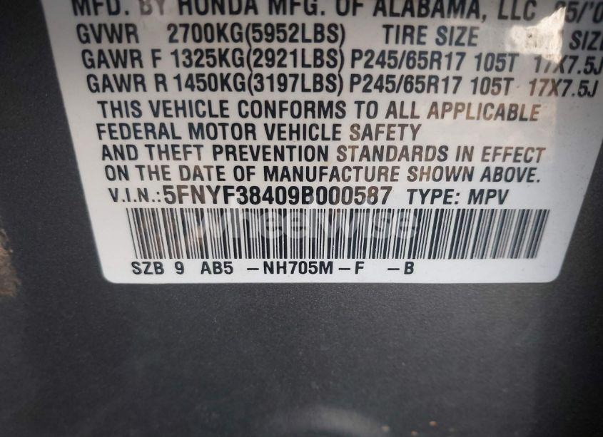 Photo 9 of 2009 Honda Pilot EX (VIN 5FNYF38409B000587)