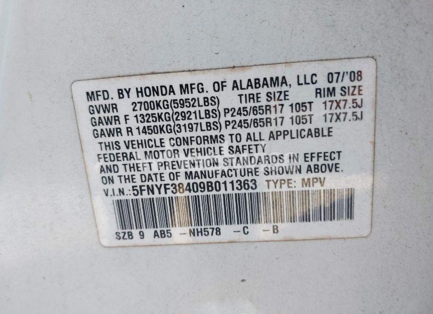 Photo 9 of 2009 Honda Pilot EX (VIN 5FNYF38409B011363)