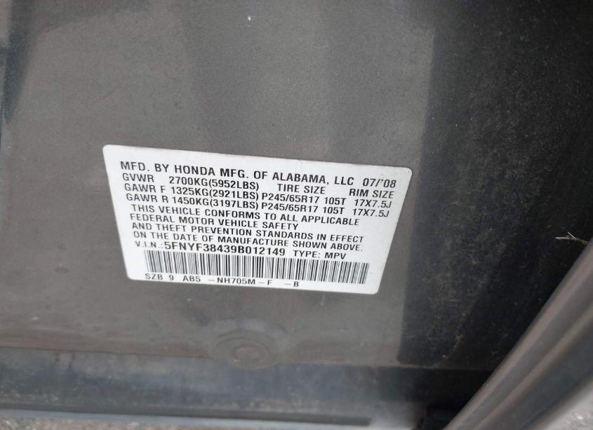 Photo 9 of 2009 Honda Pilot EX (VIN 5FNYF38439B012149)