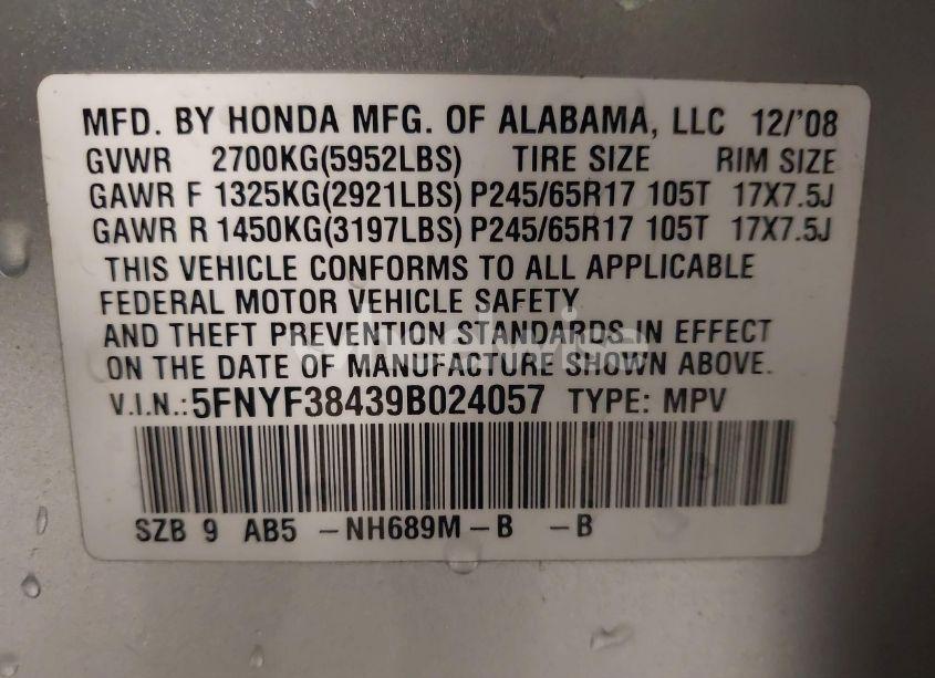 Photo 9 of 2009 Honda Pilot EX (VIN 5FNYF38439B024057)