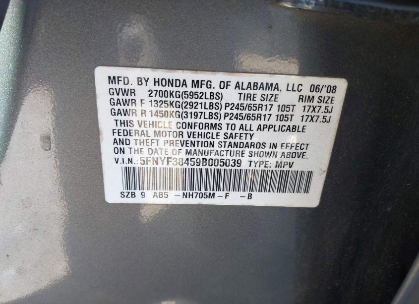 Photo 9 of 2009 Honda Pilot EX (VIN 5FNYF38459B005039)