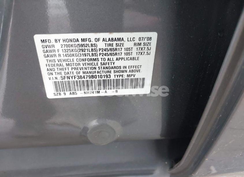 Photo 9 of 2009 Honda Pilot EX (VIN 5FNYF38479B010193)