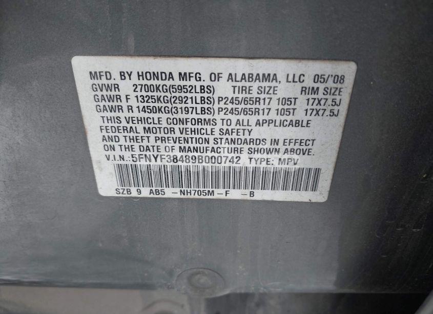 Photo 9 of 2009 Honda Pilot EX (VIN 5FNYF38489B000742)