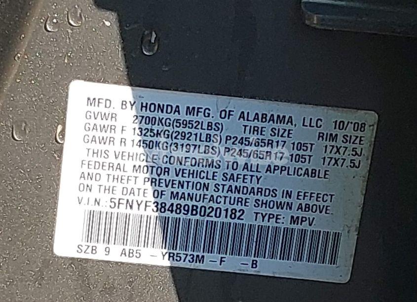 Photo 9 of 2009 Honda Pilot EX (VIN 5FNYF38489B020182)