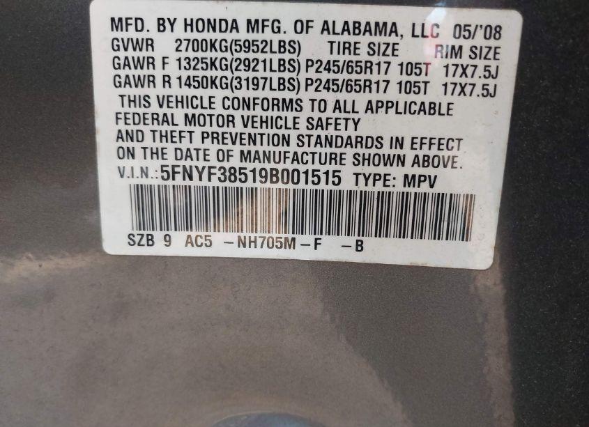 Photo 9 of 2009 Honda Pilot EX-L (VIN 5FNYF38519B001515)