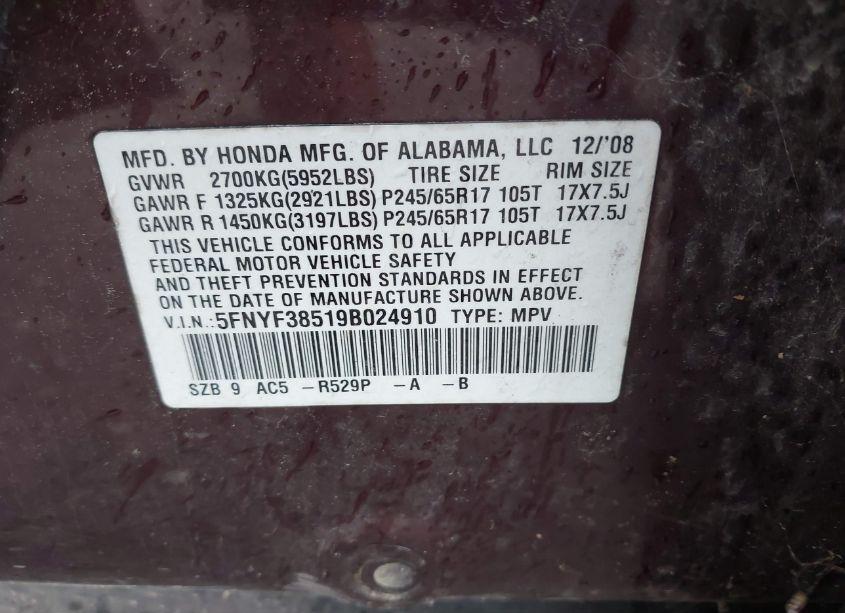 Photo 9 of 2009 Honda Pilot EX-L (VIN 5FNYF38519B024910)