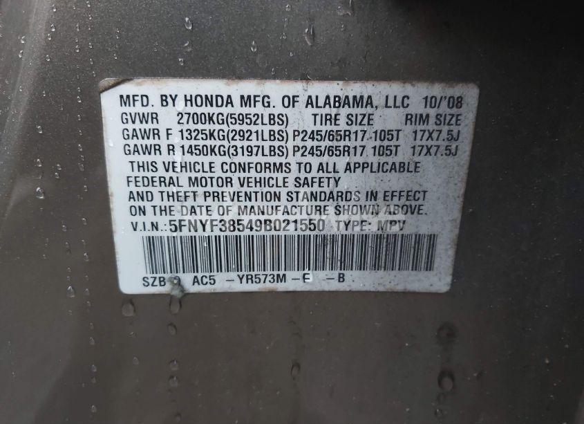 Photo 9 of 2009 Honda Pilot EX-L (VIN 5FNYF38549B021550)