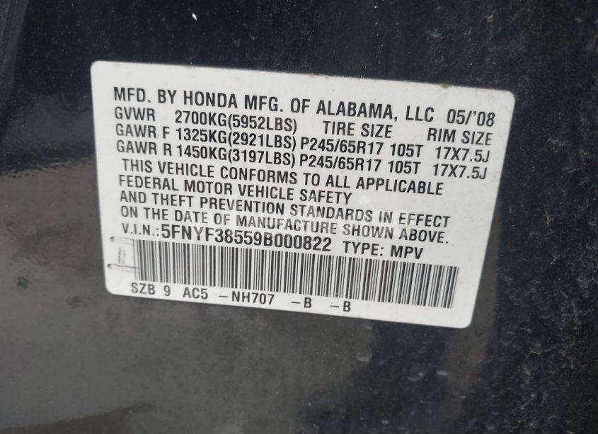 Photo 9 of 2009 Honda Pilot EX-L (VIN 5FNYF38559B000822)