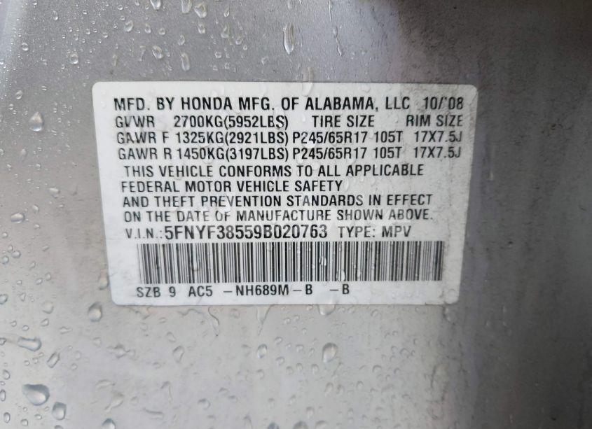 Photo 9 of 2009 Honda Pilot EX-L (VIN 5FNYF38559B020763)