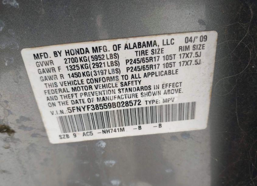 Photo 9 of 2009 Honda Pilot EX-L (VIN 5FNYF38559B028572)