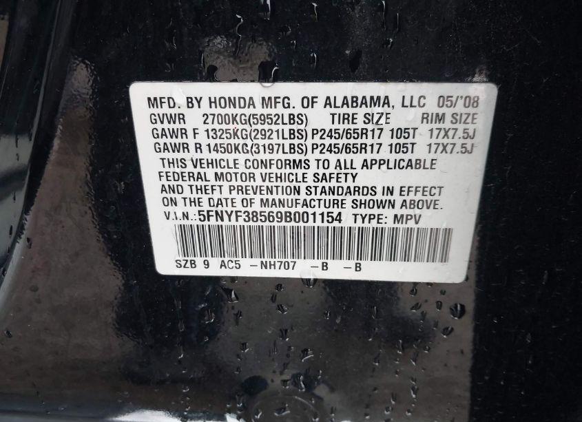 Photo 9 of 2009 Honda Pilot EX-L (VIN 5FNYF38569B001154)