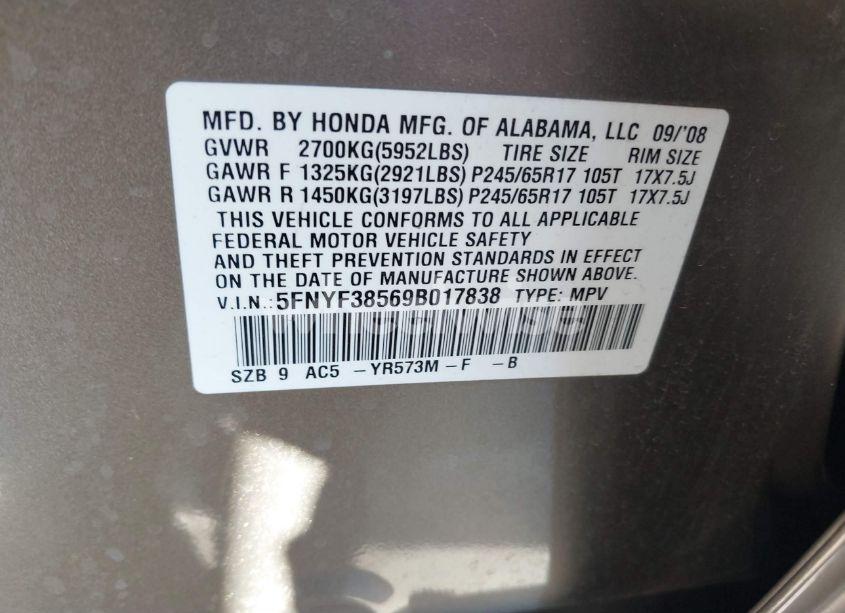 Photo 9 of 2009 Honda Pilot EX-L (VIN 5FNYF38569B017838)