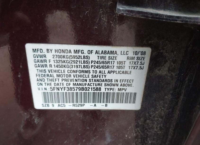 Photo 9 of 2009 Honda Pilot EX-L (VIN 5FNYF38579B021588)