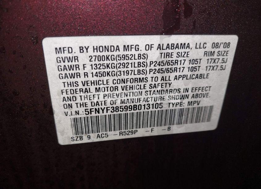 Photo 9 of 2009 Honda Pilot EX-L (VIN 5FNYF38599B013105)