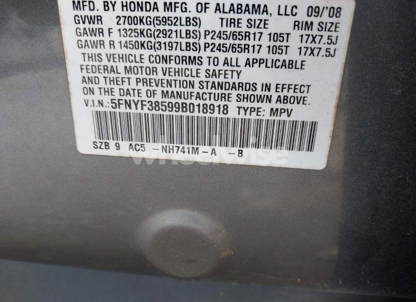 Photo 9 of 2009 Honda Pilot EX-L (VIN 5FNYF38599B018918)