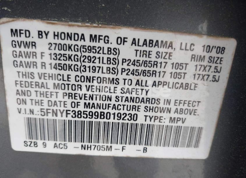 Photo 9 of 2009 Honda Pilot EX-L (VIN 5FNYF38599B019230)