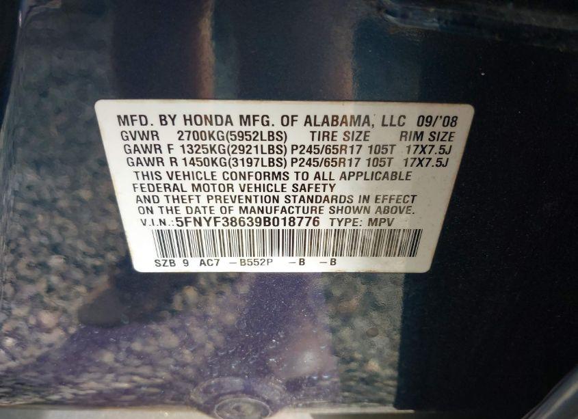 Photo 9 of 2009 Honda Pilot EX-L (VIN 5FNYF38639B018776)