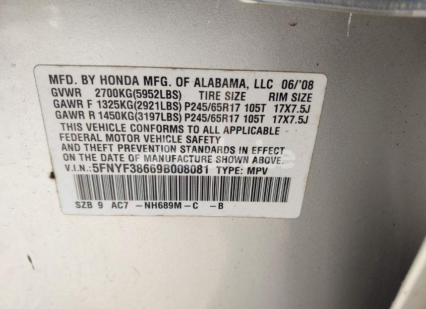 Photo 9 of 2009 Honda Pilot EX-L (VIN 5FNYF38669B008081)