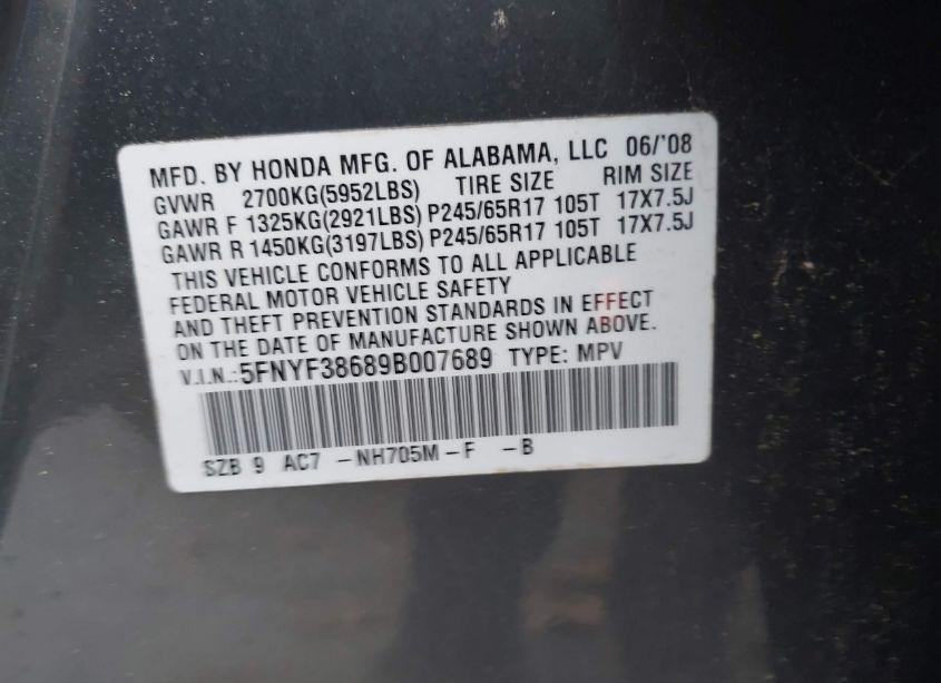 Photo 9 of 2009 Honda Pilot EX-L (VIN 5FNYF38689B007689)