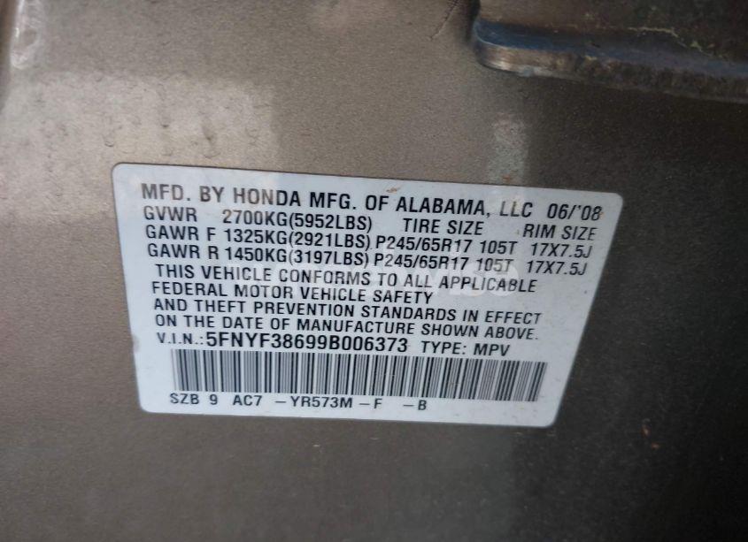 Photo 9 of 2009 Honda Pilot EX-L (VIN 5FNYF38699B006373)