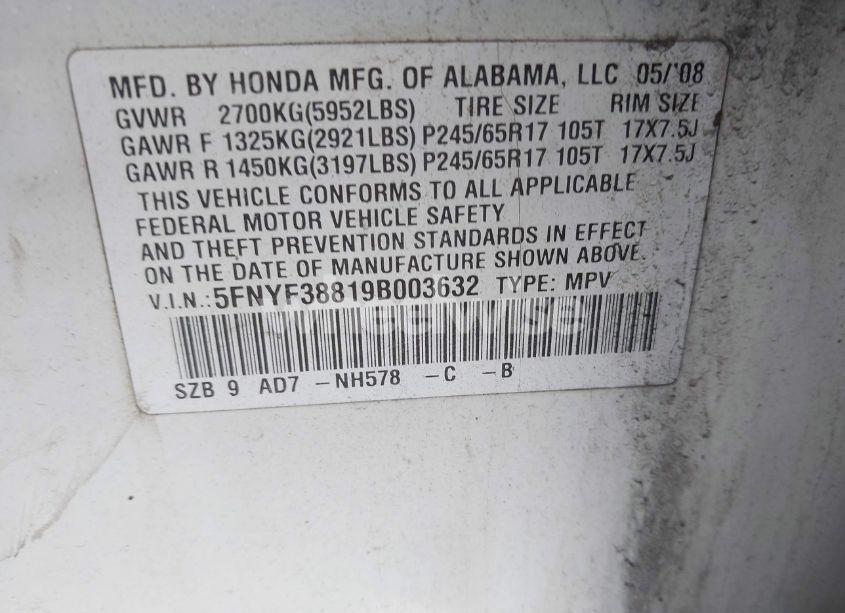 Photo 9 of 2009 Honda Pilot TOURING (VIN 5FNYF38819B003632)