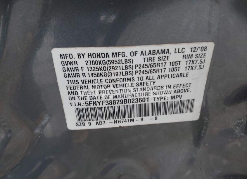 Photo 9 of 2009 Honda Pilot TOURING (VIN 5FNYF38829B023601)