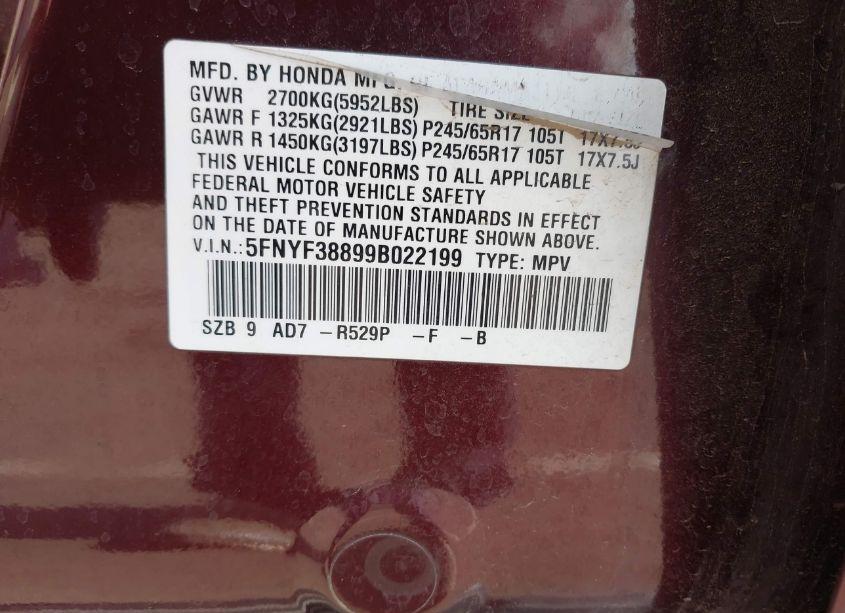 Photo 9 of 2009 Honda Pilot TOURING (VIN 5FNYF38899B022199)