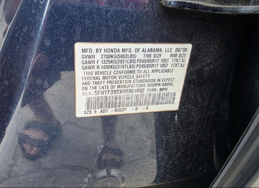 Photo 9 of 2009 Honda Pilot TOURING (VIN 5FNYF388X9B******)