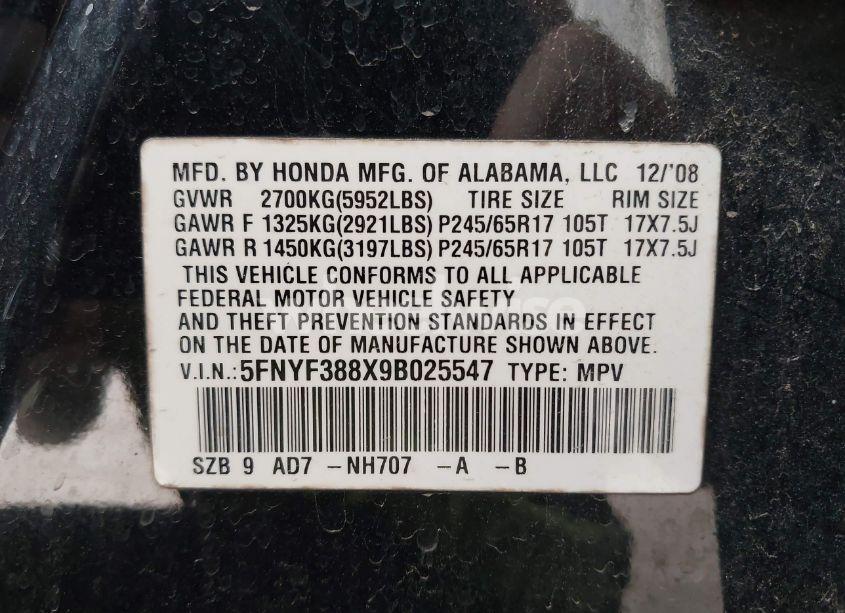 Photo 9 of 2009 Honda Pilot TOURING (VIN 5FNYF388X9B025547)