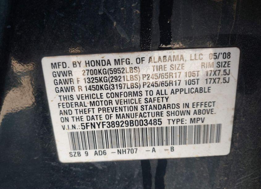 Photo 9 of 2009 Honda Pilot TOURING (VIN 5FNYF38929B003485)