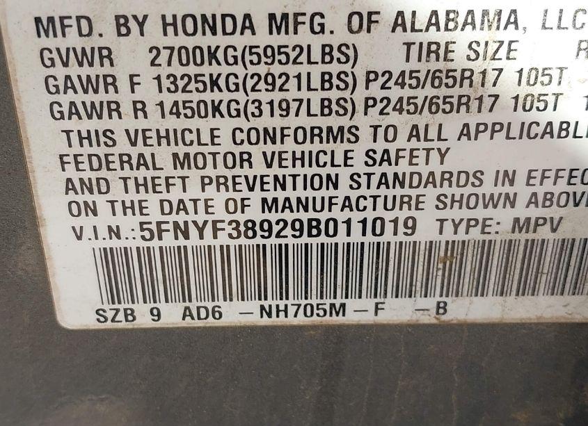 Photo 9 of 2009 Honda Pilot TOURING (VIN 5FNYF38929B011019)