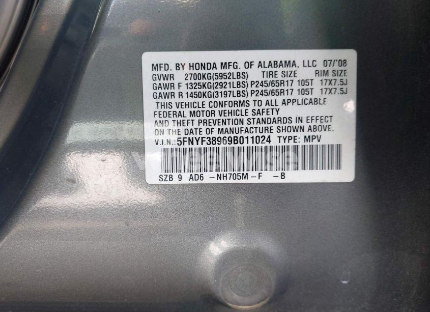 Photo 9 of 2009 Honda Pilot TOURING (VIN 5FNYF38969B011024)