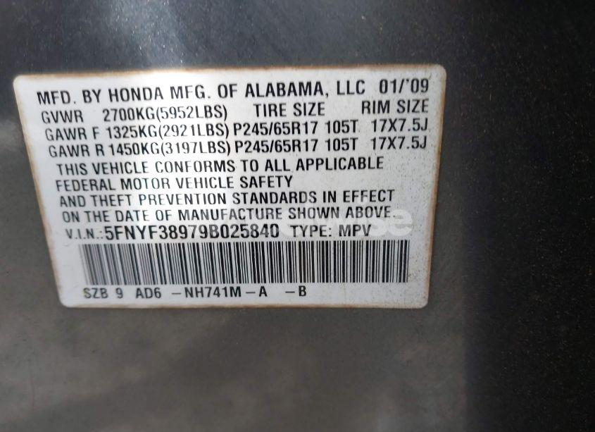 Photo 9 of 2009 Honda Pilot TOURING (VIN 5FNYF38979B025840)