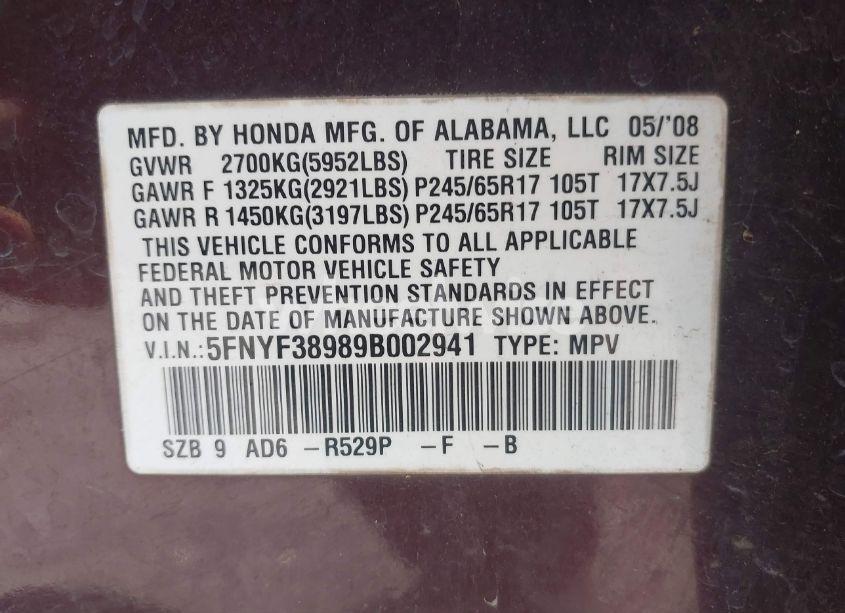 Photo 9 of 2009 Honda Pilot TOURING (VIN 5FNYF38989B002941)