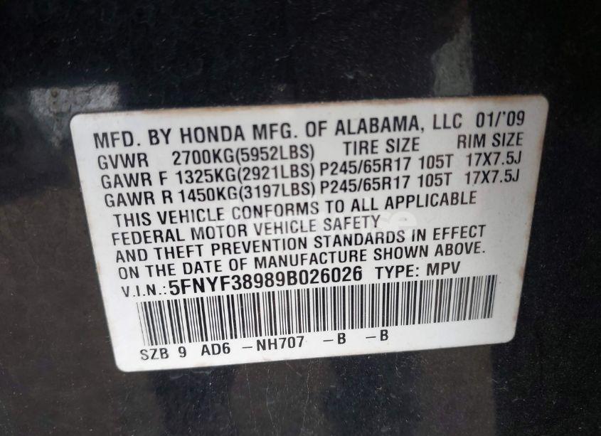 Photo 9 of 2009 Honda Pilot TOURING (VIN 5FNYF38989B026026)