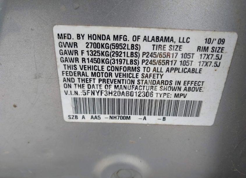 Photo 9 of 2010 Honda Pilot LX (VIN 5FNYF3H20AB012306)