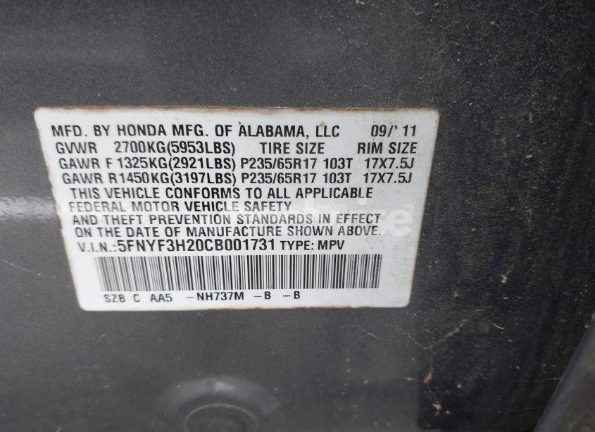 Photo 9 of 2012 Honda Pilot LX (VIN 5FNYF3H20CB001731)