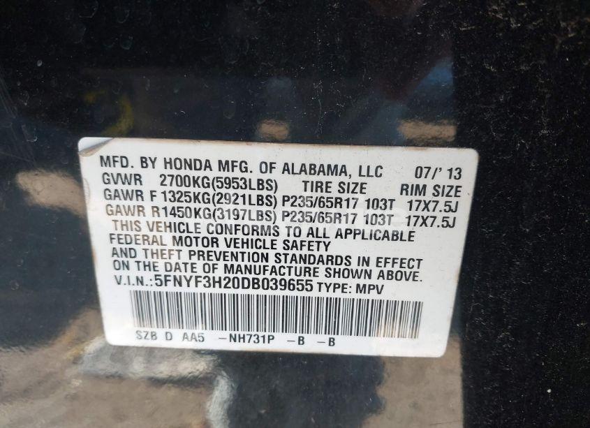 Photo 9 of 2013 Honda Pilot LX (VIN 5FNYF3H20DB039655)