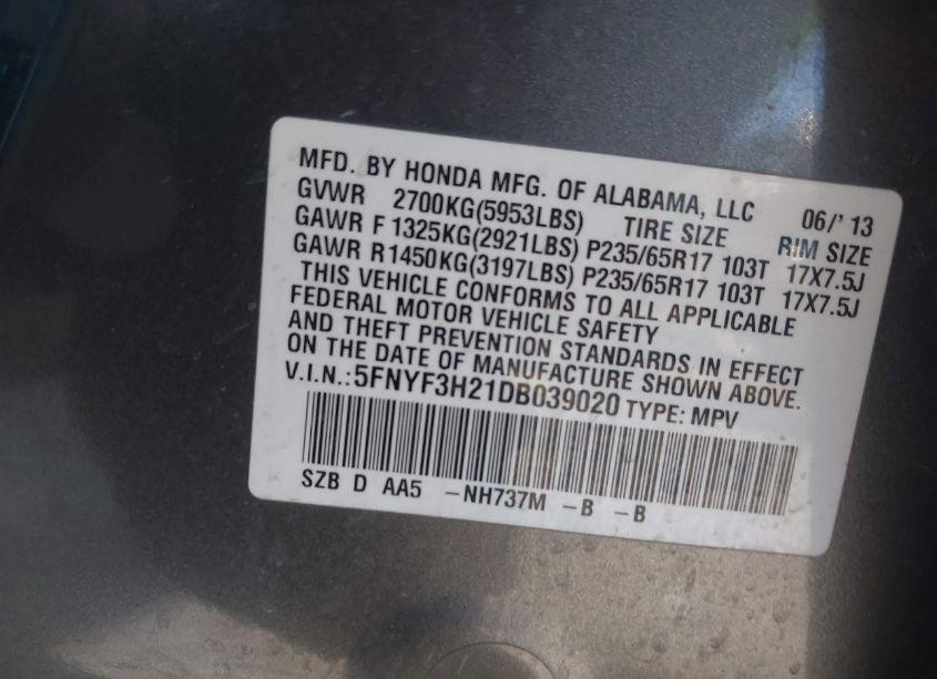 Photo 9 of 2013 Honda Pilot LX (VIN 5FNYF3H21DB039020)