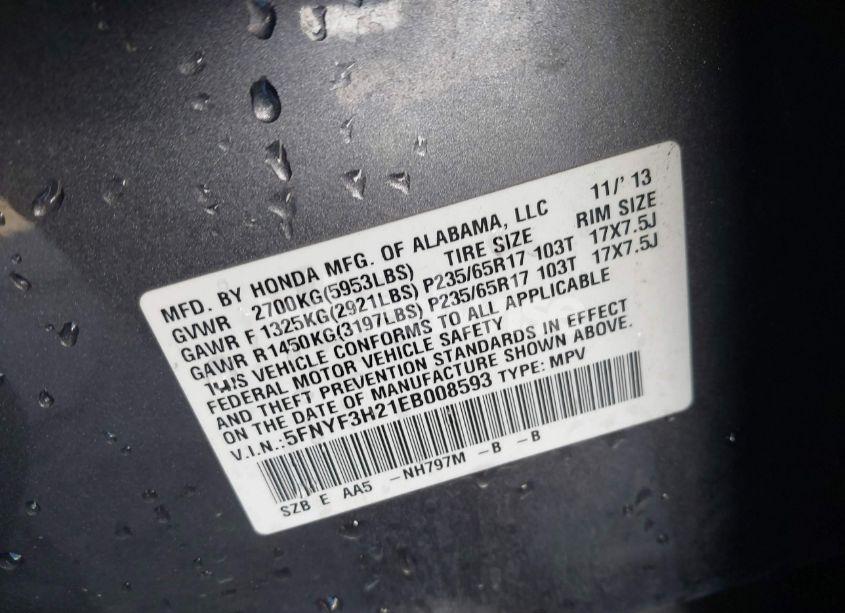 Photo 9 of 2014 Honda Pilot LX (VIN 5FNYF3H21EB008593)