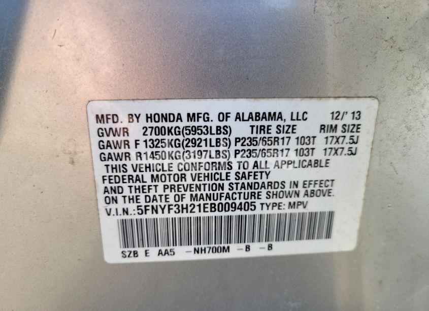 Photo 9 of 2014 Honda Pilot LX (VIN 5FNYF3H21EB009405)