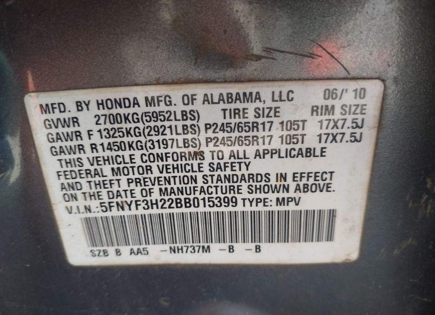 Photo 9 of 2011 Honda Pilot LX (VIN 5FNYF3H22BB015399)