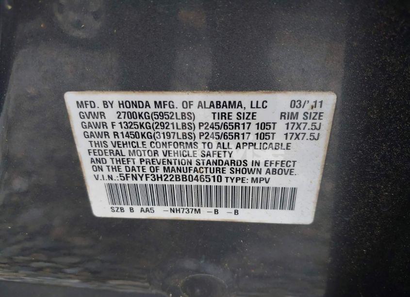 Photo 9 of 2011 Honda Pilot LX (VIN 5FNYF3H22BB046510)