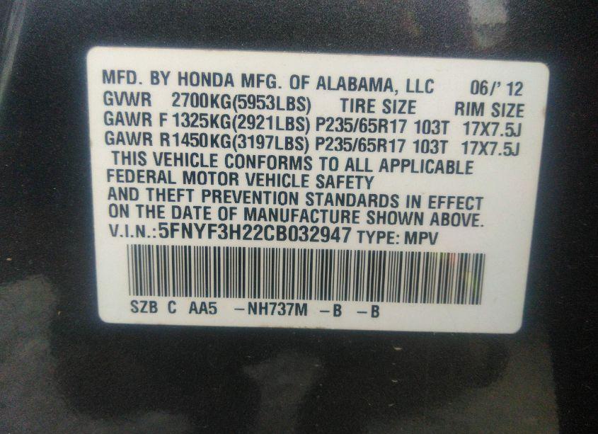 Photo 9 of 2012 Honda Pilot LX (VIN 5FNYF3H22CB032947)