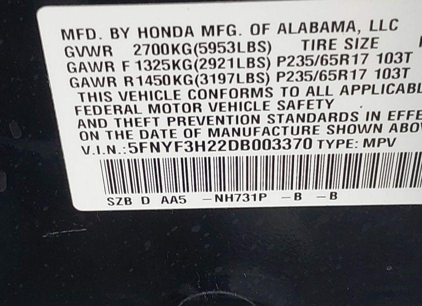 Photo 9 of 2013 Honda Pilot LX (VIN 5FNYF3H22DB003370)