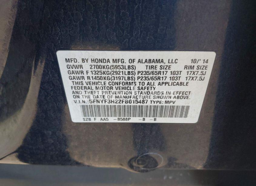 Photo 9 of 2015 Honda Pilot LX (VIN 5FNYF3H22FB015487)