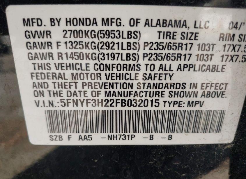 Photo 9 of 2015 Honda Pilot LX (VIN 5FNYF3H22FB032015)