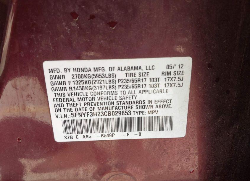 Photo 9 of 2012 Honda Pilot LX (VIN 5FNYF3H23CB029653)